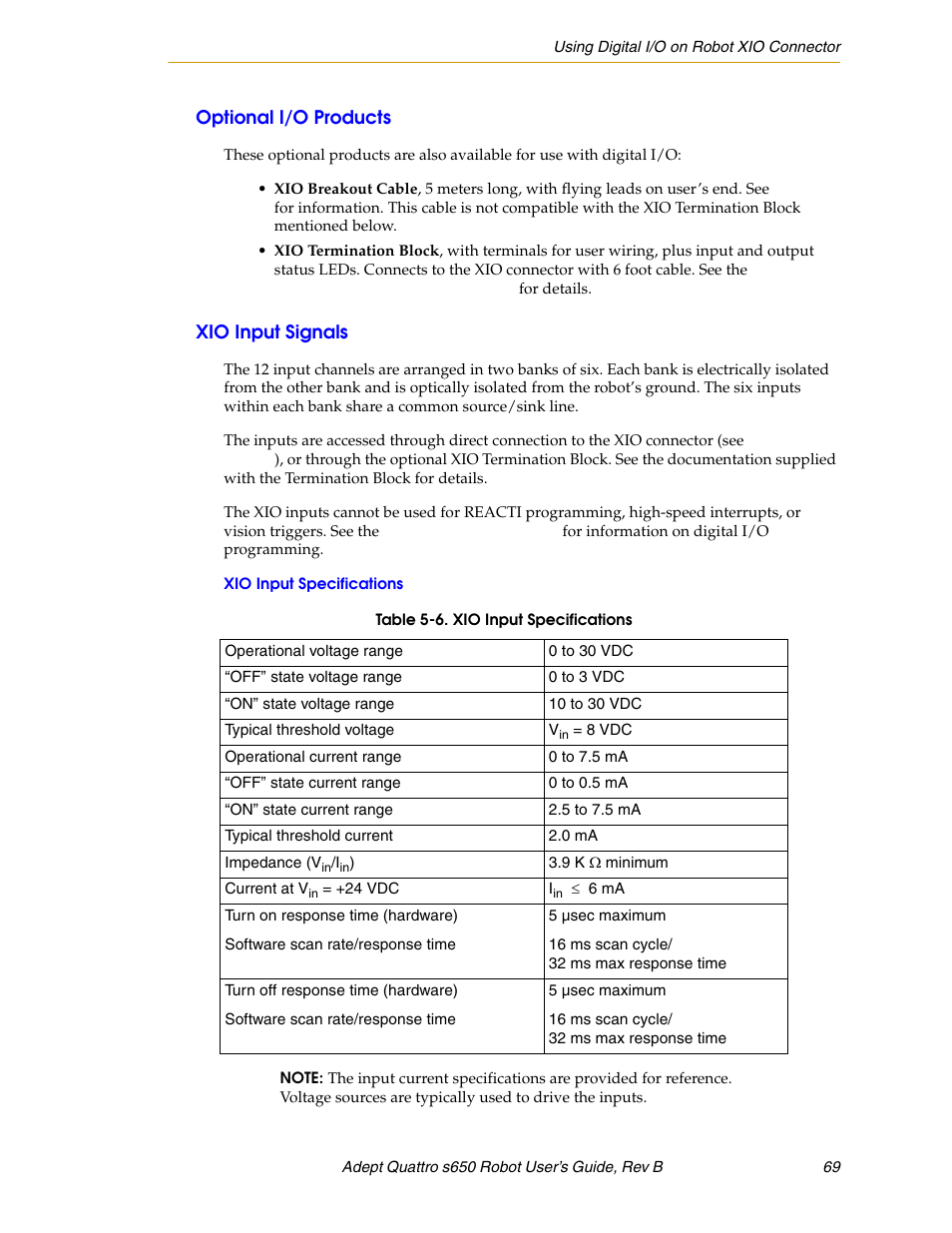 Optional i/o products, Xio input signals, Xio input specifications | Adept s650H Quattro User Manual | Page 69 / 128