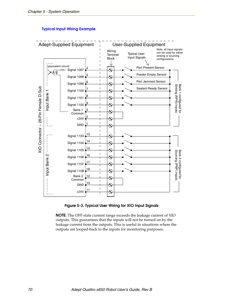 Typical input wiring example, Figure 5-3, Typical user wiring for xio input signals | Adept-supplied equipment user-supplied equipment | Adept s650H Quattro User Manual | Page 70 / 128