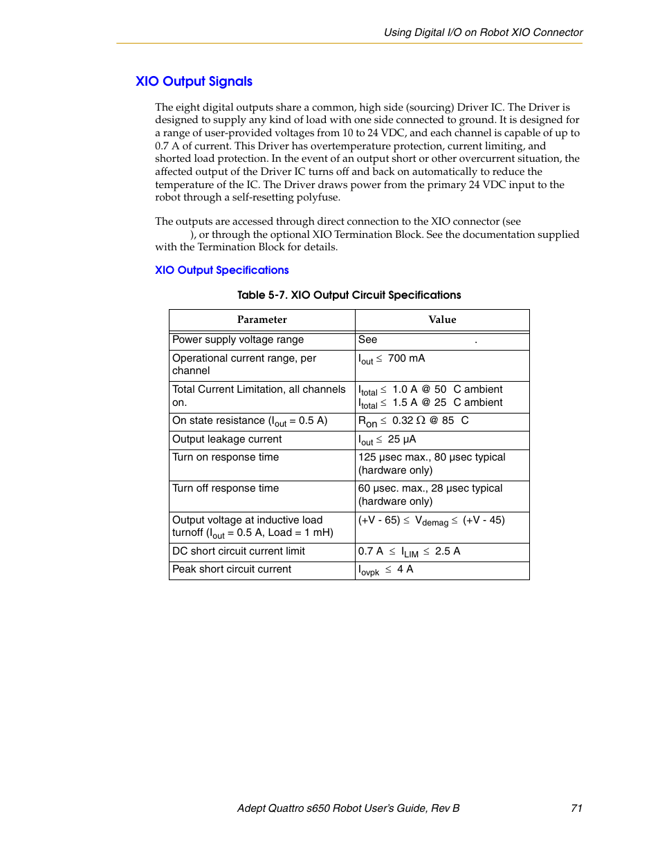 Xio output signals, Xio output specifications | Adept s650H Quattro User Manual | Page 71 / 128