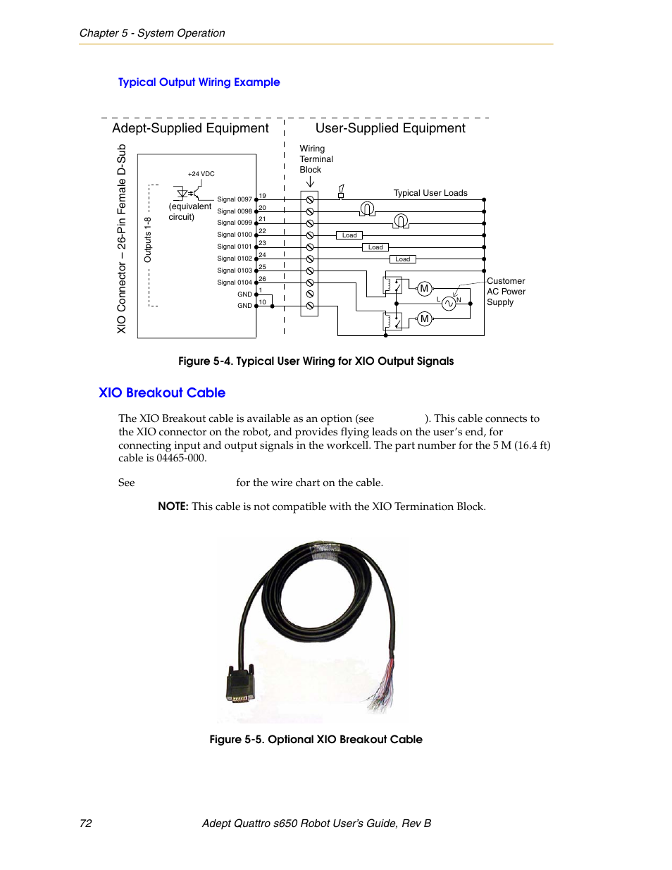 Typical output wiring example, Xio breakout cable, Figure 5-4 | Typical user wiring for xio output signals, Figure 5-5, Optional xio breakout cable, Adept-supplied equipment user-supplied equipment | Adept s650H Quattro User Manual | Page 72 / 128