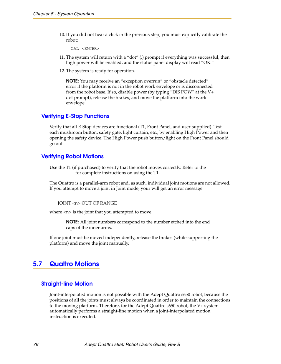 Verifying e-stop functions, Verifying robot motions, 7 quattro motions | Straight-line motion | Adept s650H Quattro User Manual | Page 76 / 128