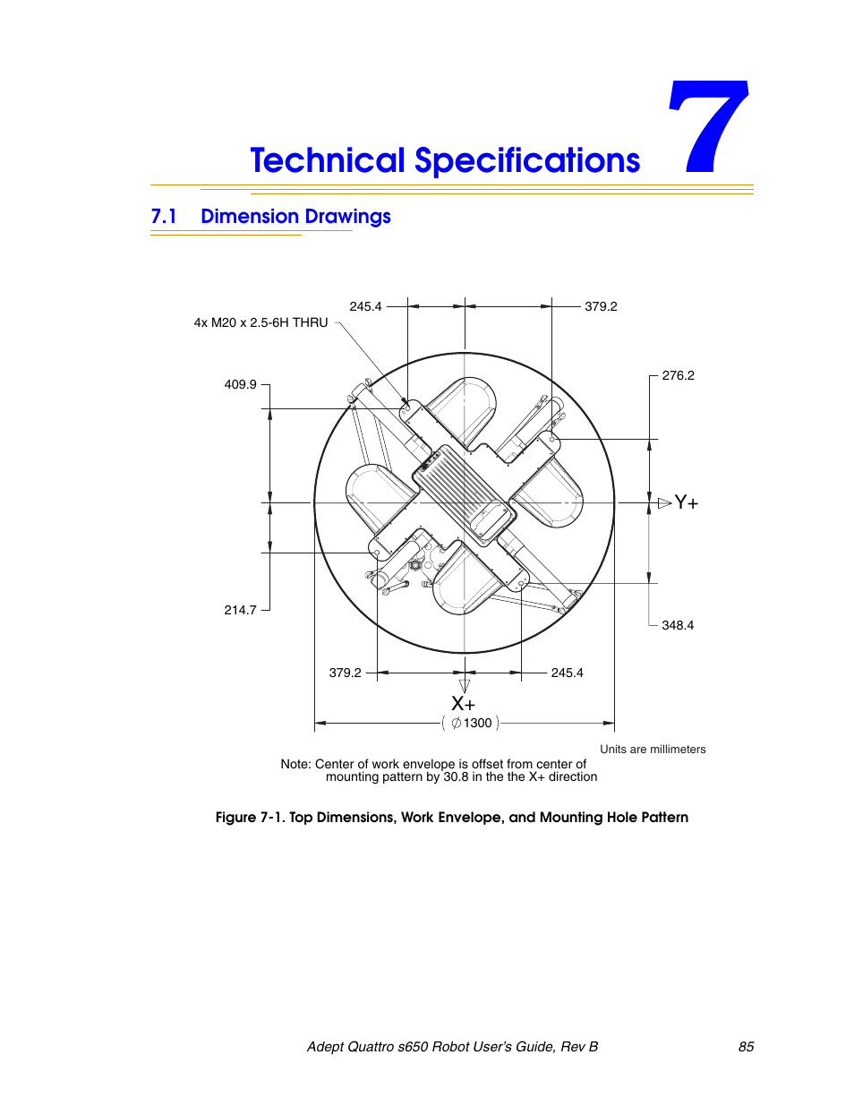 Technical specifications, 1 dimension drawings, Figure 7-1 | Ovided in, Chapter 7, Note the hole location | Adept s650H Quattro User Manual | Page 85 / 128