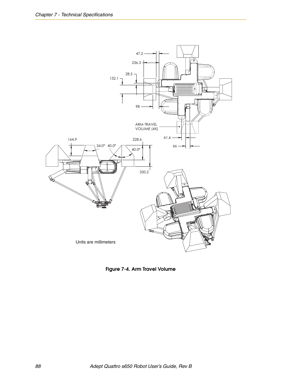 Figure 7-4, Arm travel volume, Mounting points. the de | Adept s650H Quattro User Manual | Page 88 / 128