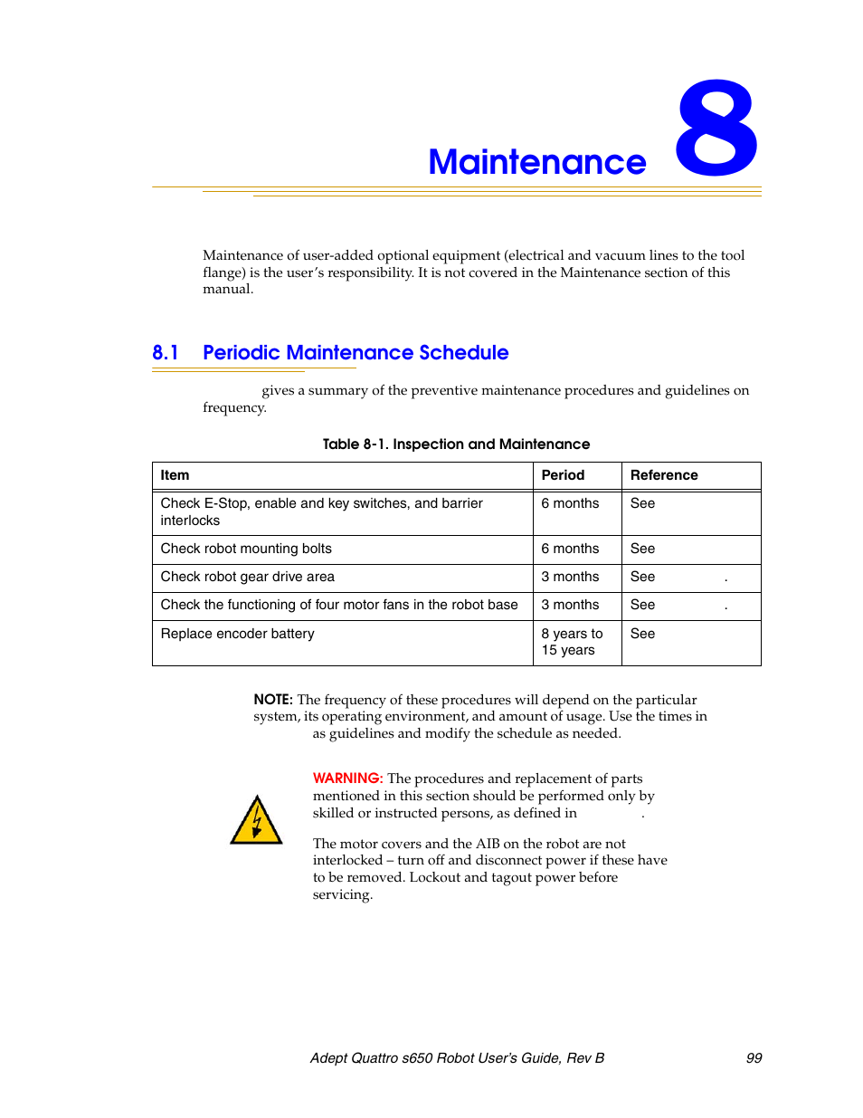 Maintenance, 1 periodic maintenance schedule, Chapter 8 | For periodic | Adept s650H Quattro User Manual | Page 99 / 128