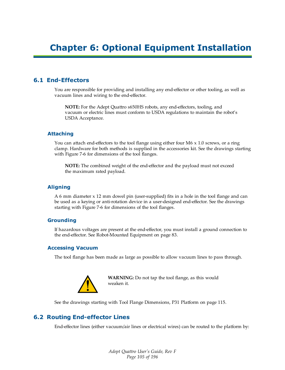Chapter 6: optional equipment installation, 1 end-effectors, Attaching | Aligning, Grounding, Accessing vacuum, 2 routing end-effector lines | Adept s650HS Quattro User Manual | Page 105 / 196