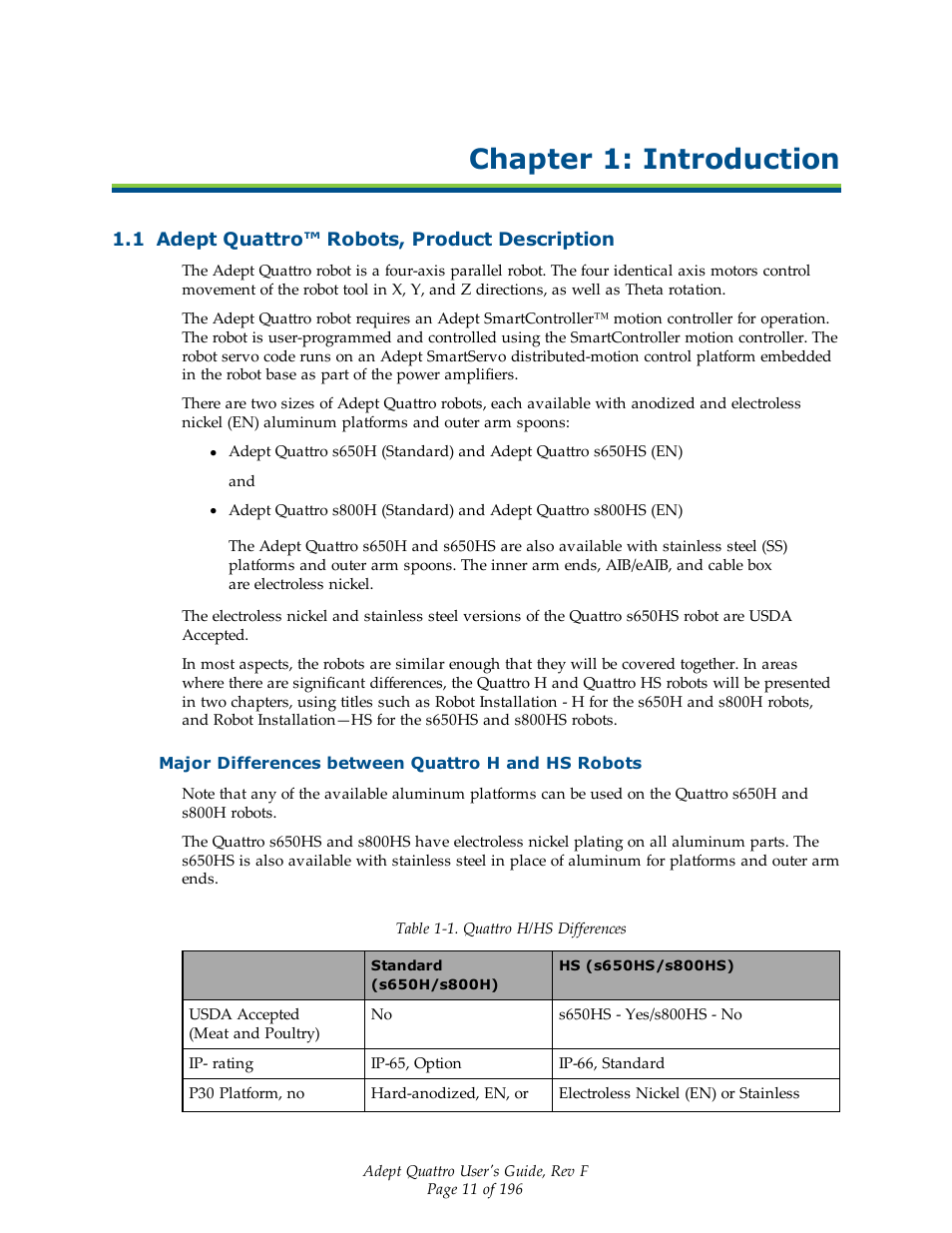 Chapter 1: introduction, 1 adept quattro™ robots, product description, Major differences between quattro h and hs robots | Adept s650HS Quattro User Manual | Page 11 / 196