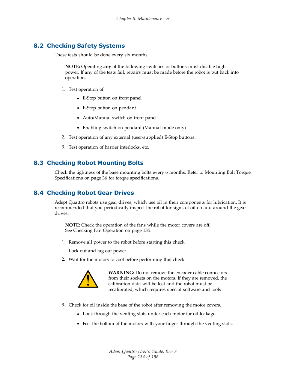 2 checking safety systems, 3 checking robot mounting bolts, 4 checking robot gear drives | Adept s650HS Quattro User Manual | Page 134 / 196