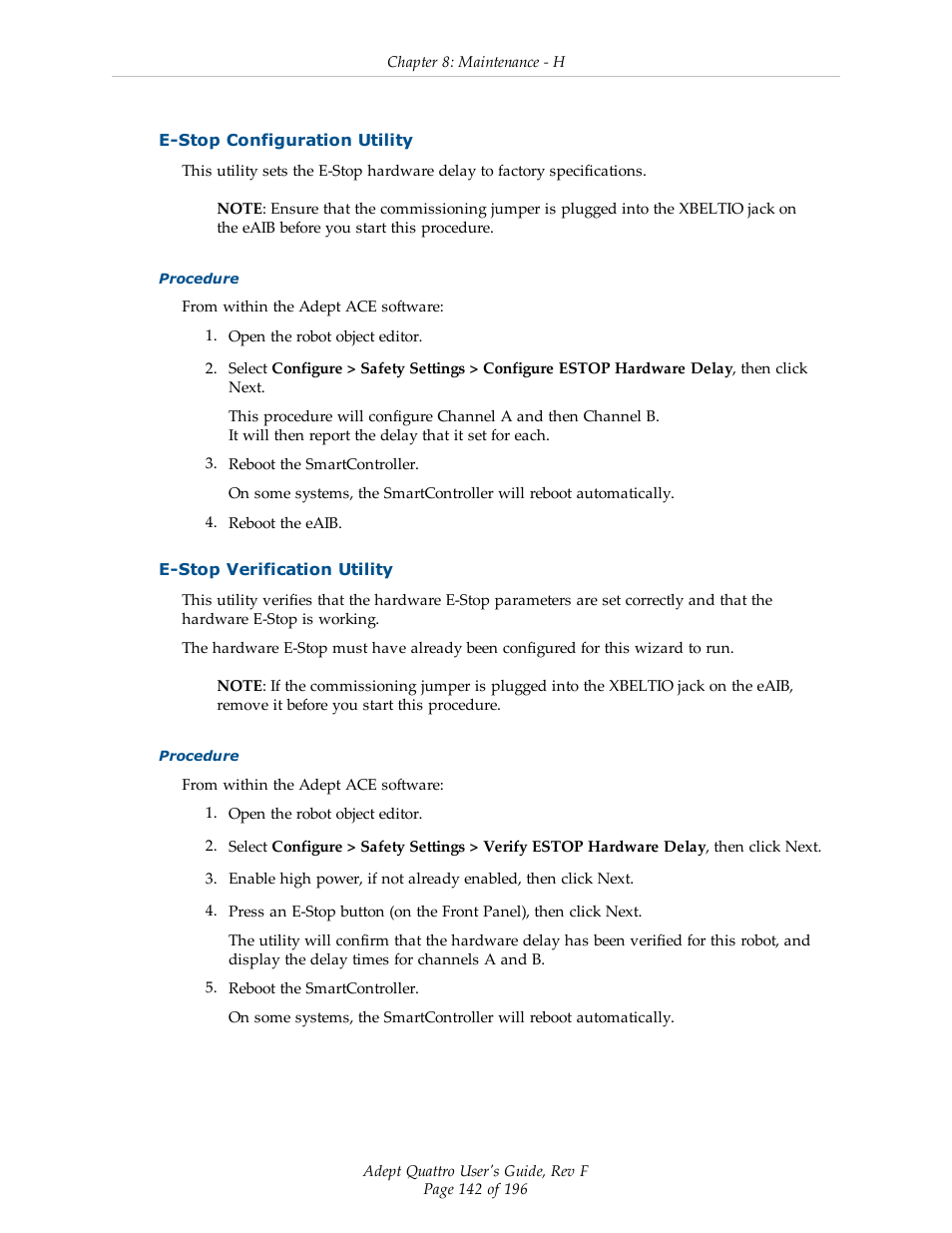 E-stop configuration utility, E-stop verification utility | Adept s650HS Quattro User Manual | Page 142 / 196