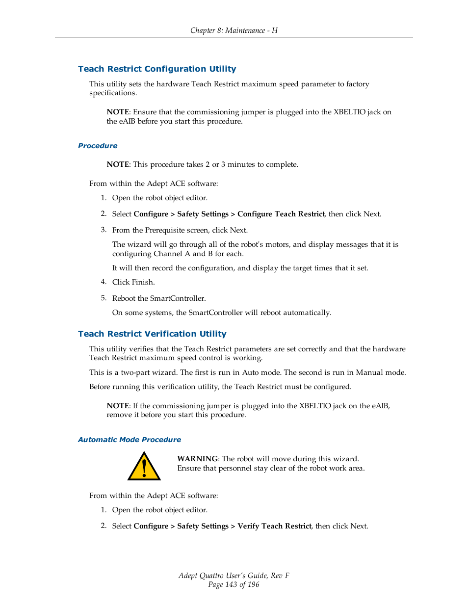 Teach restrict configuration utility, Teach restrict verification utility | Adept s650HS Quattro User Manual | Page 143 / 196