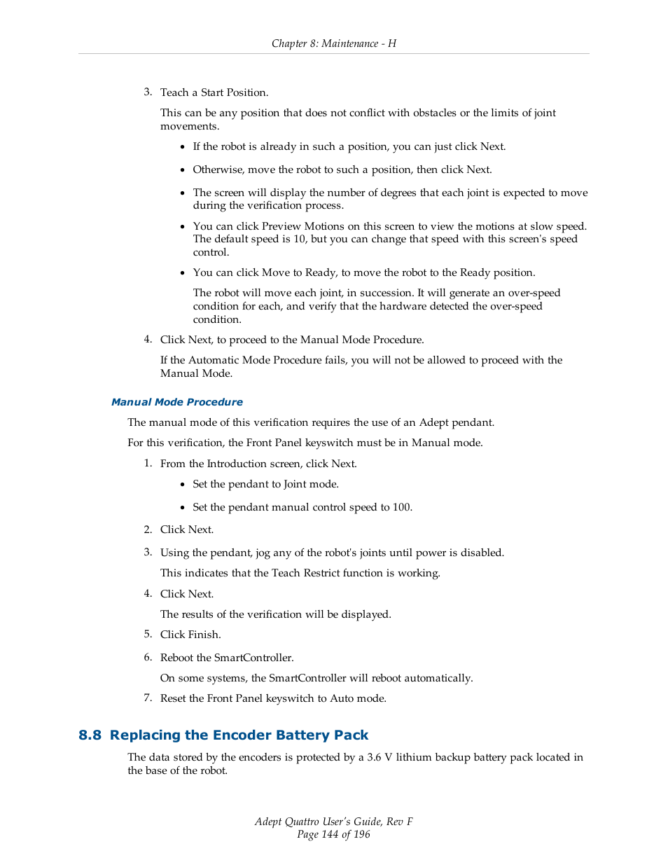 8 replacing the encoder battery pack | Adept s650HS Quattro User Manual | Page 144 / 196
