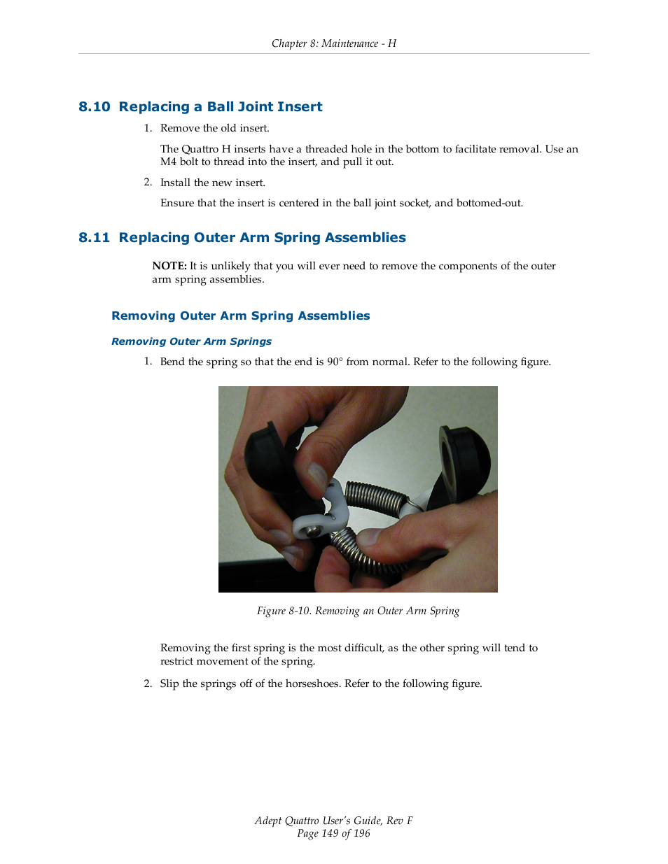 10 replacing a ball joint insert, 11 replacing outer arm spring assemblies, Removing outer arm spring assemblies | Adept s650HS Quattro User Manual | Page 149 / 196