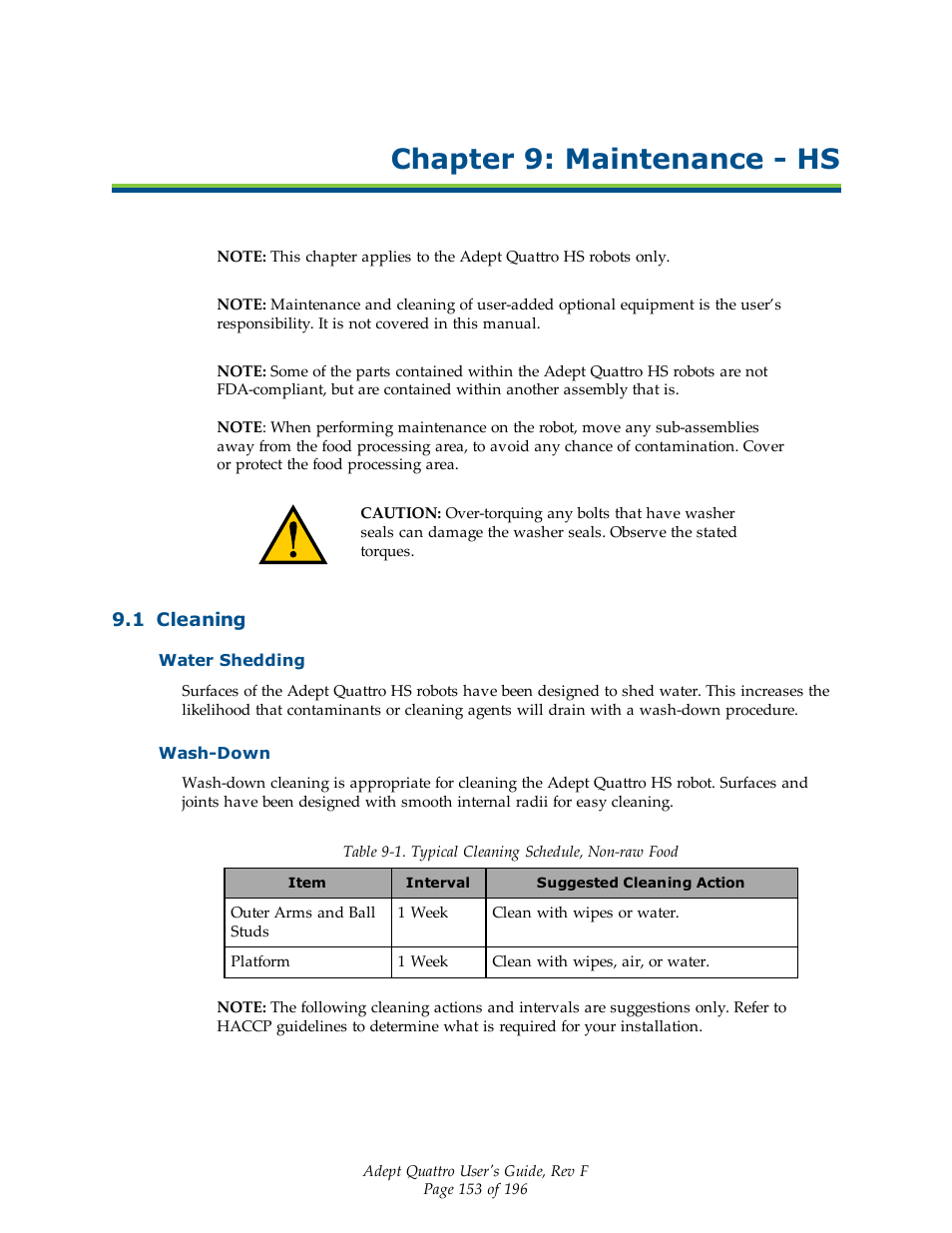 Chapter 9: maintenance - hs, 1 cleaning, Water shedding | Wash-down | Adept s650HS Quattro User Manual | Page 153 / 196