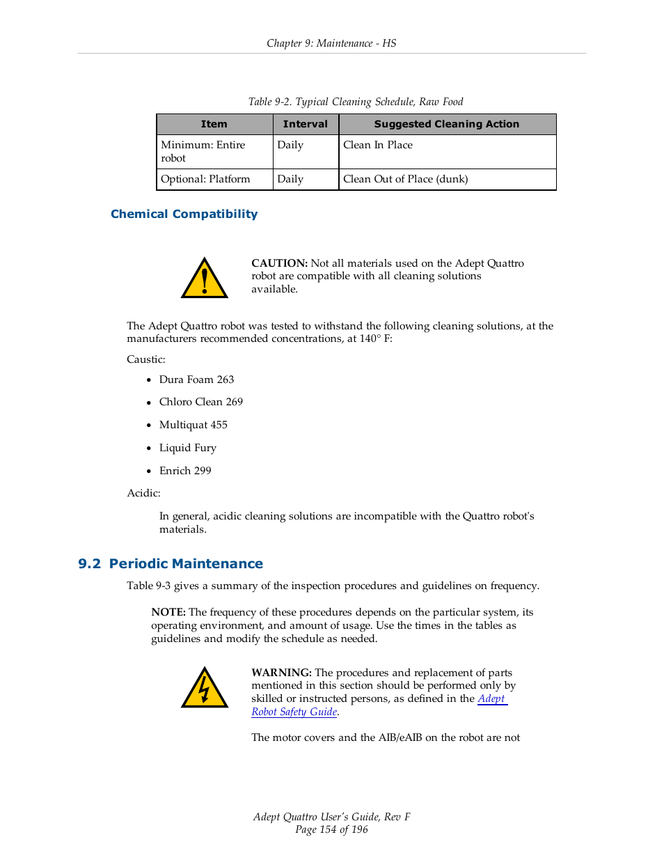Chemical compatibility, 2 periodic maintenance | Adept s650HS Quattro User Manual | Page 154 / 196