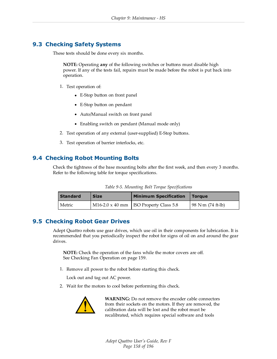 3 checking safety systems, 4 checking robot mounting bolts, 5 checking robot gear drives | Adept s650HS Quattro User Manual | Page 158 / 196