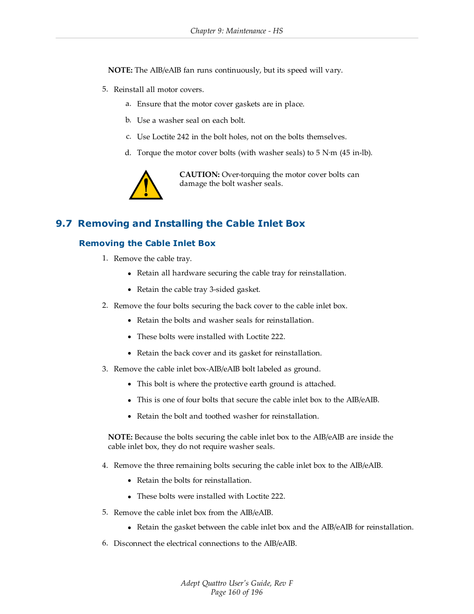 7 removing and installing the cable inlet box, Removing the cable inlet box | Adept s650HS Quattro User Manual | Page 160 / 196