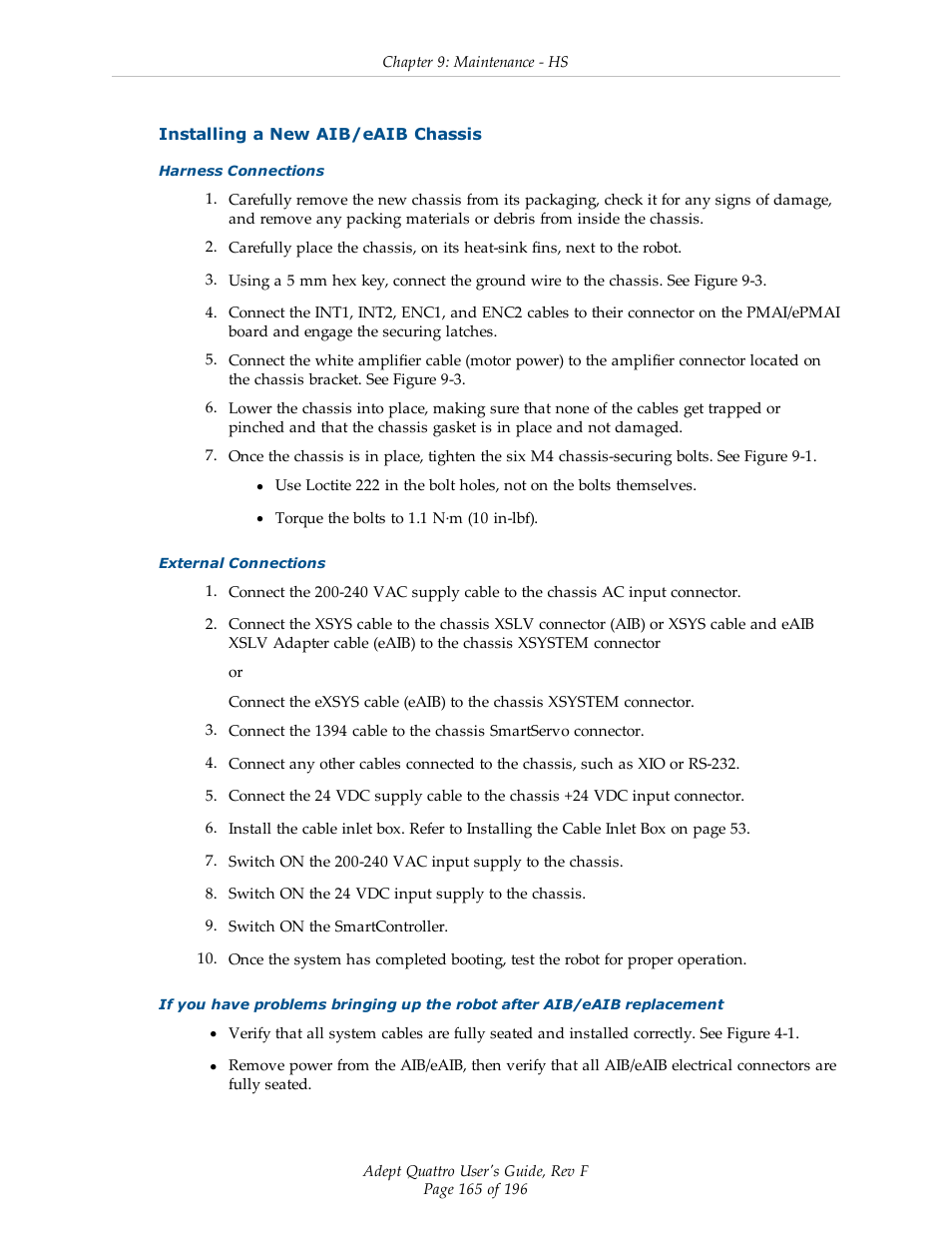 Installing a new aib/eaib chassis | Adept s650HS Quattro User Manual | Page 165 / 196