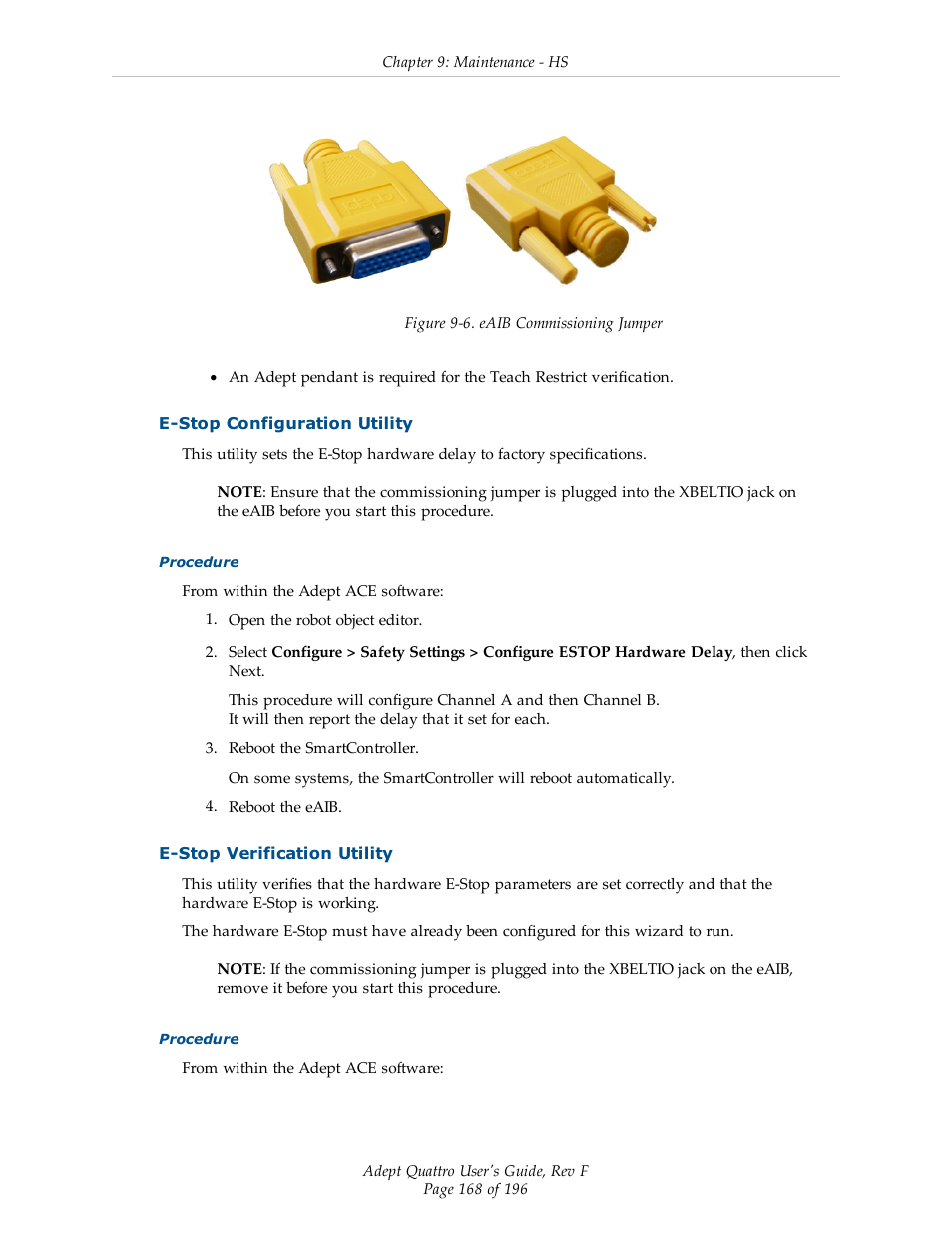 E-stop configuration utility, E-stop verification utility | Adept s650HS Quattro User Manual | Page 168 / 196