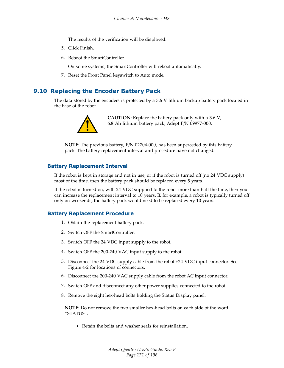 10 replacing the encoder battery pack, Battery replacement interval, Battery replacement procedure | Adept s650HS Quattro User Manual | Page 171 / 196