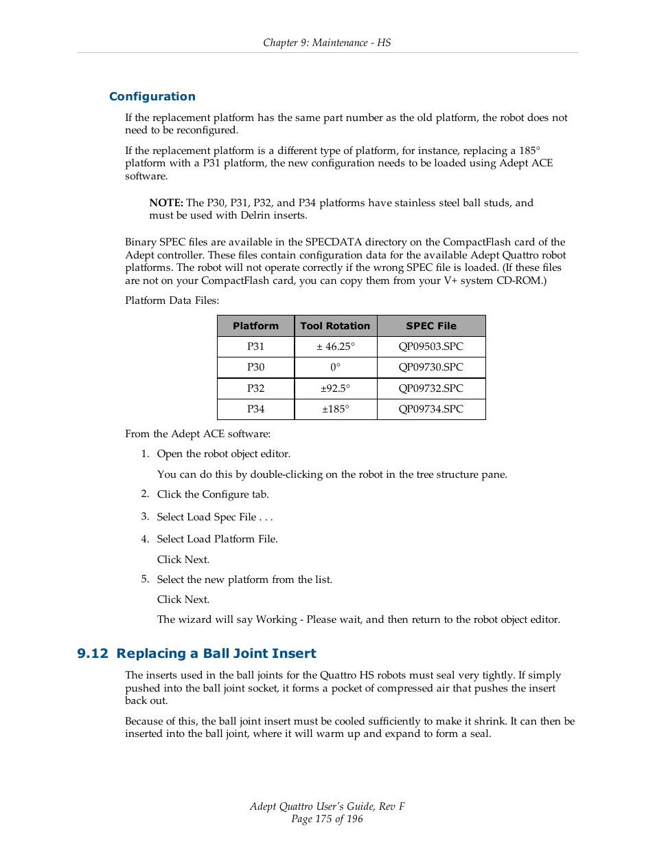 Configuration, 12 replacing a ball joint insert | Adept s650HS Quattro User Manual | Page 175 / 196