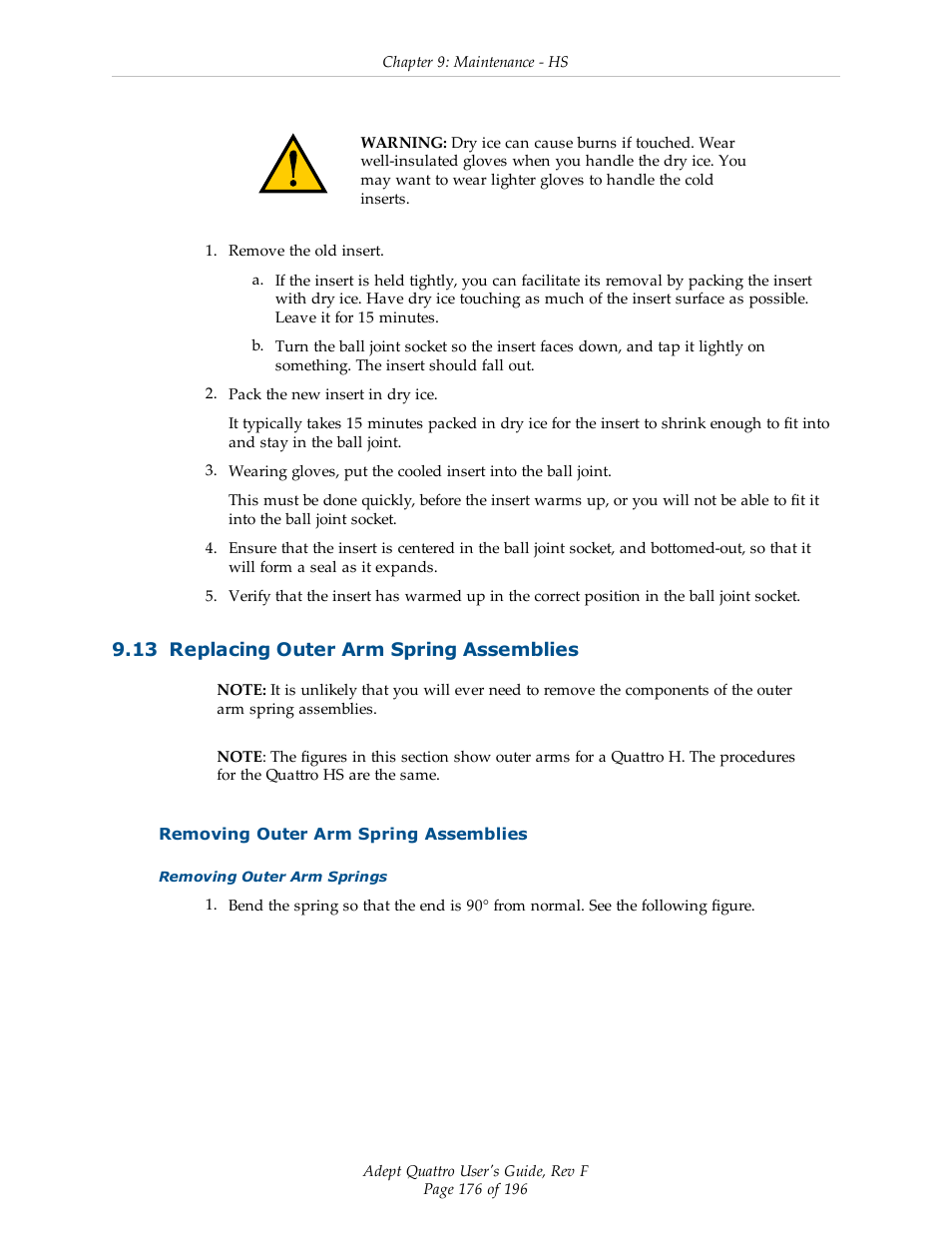 13 replacing outer arm spring assemblies, Removing outer arm spring assemblies | Adept s650HS Quattro User Manual | Page 176 / 196