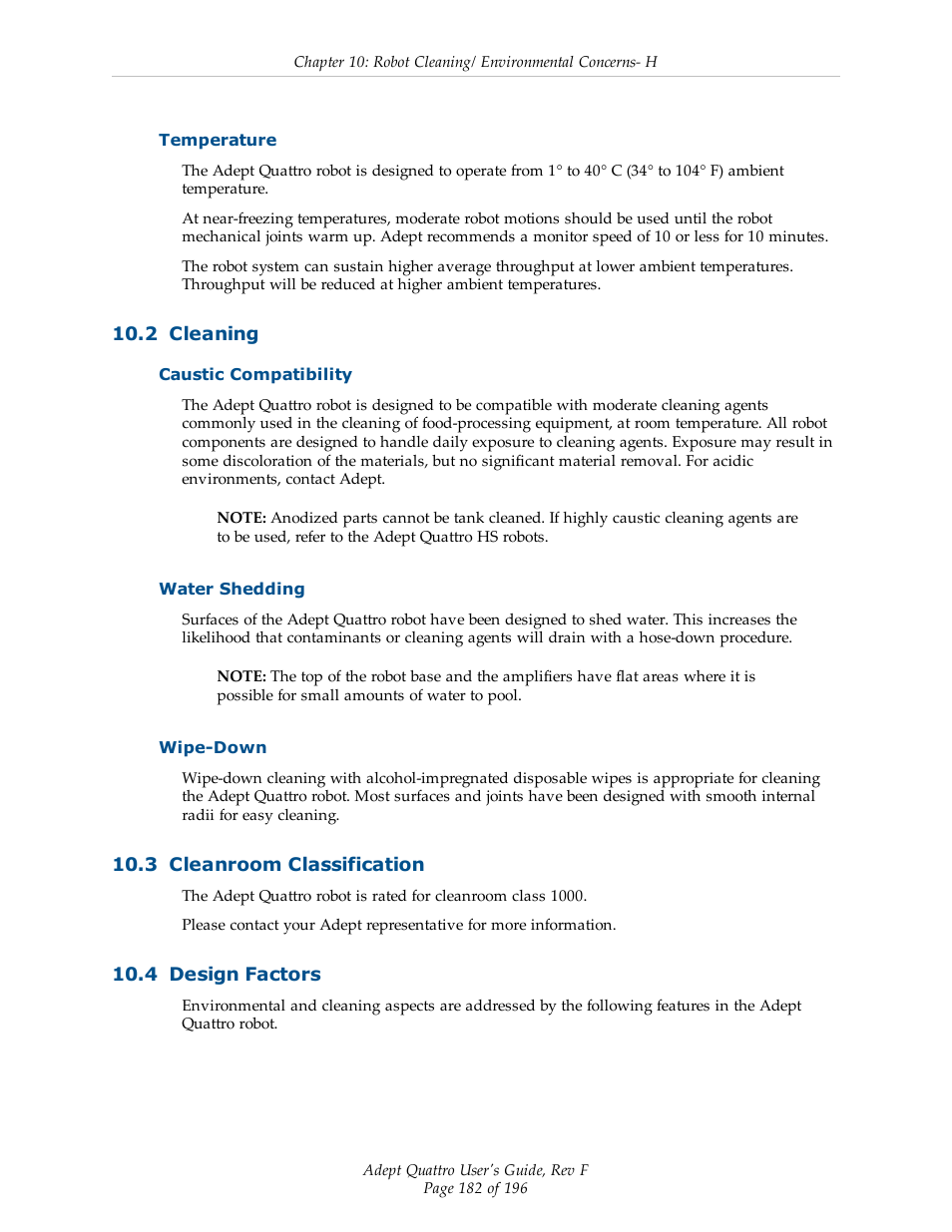 Temperature, 2 cleaning, Caustic compatibility | Water shedding, Wipe-down, 3 cleanroom classification, 4 design factors | Adept s650HS Quattro User Manual | Page 182 / 196