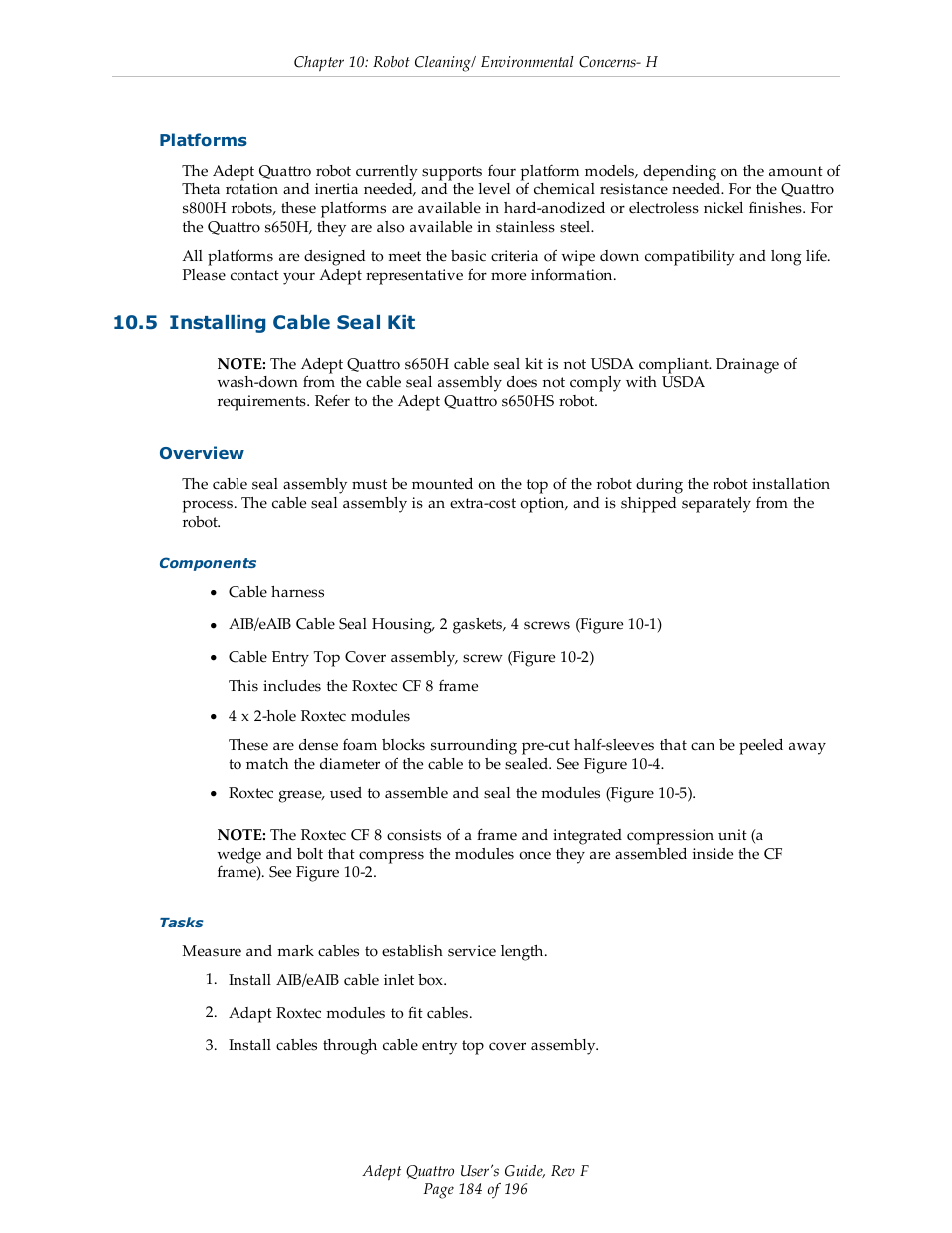 Platforms, 5 installing cable seal kit, Overview | Adept s650HS Quattro User Manual | Page 184 / 196