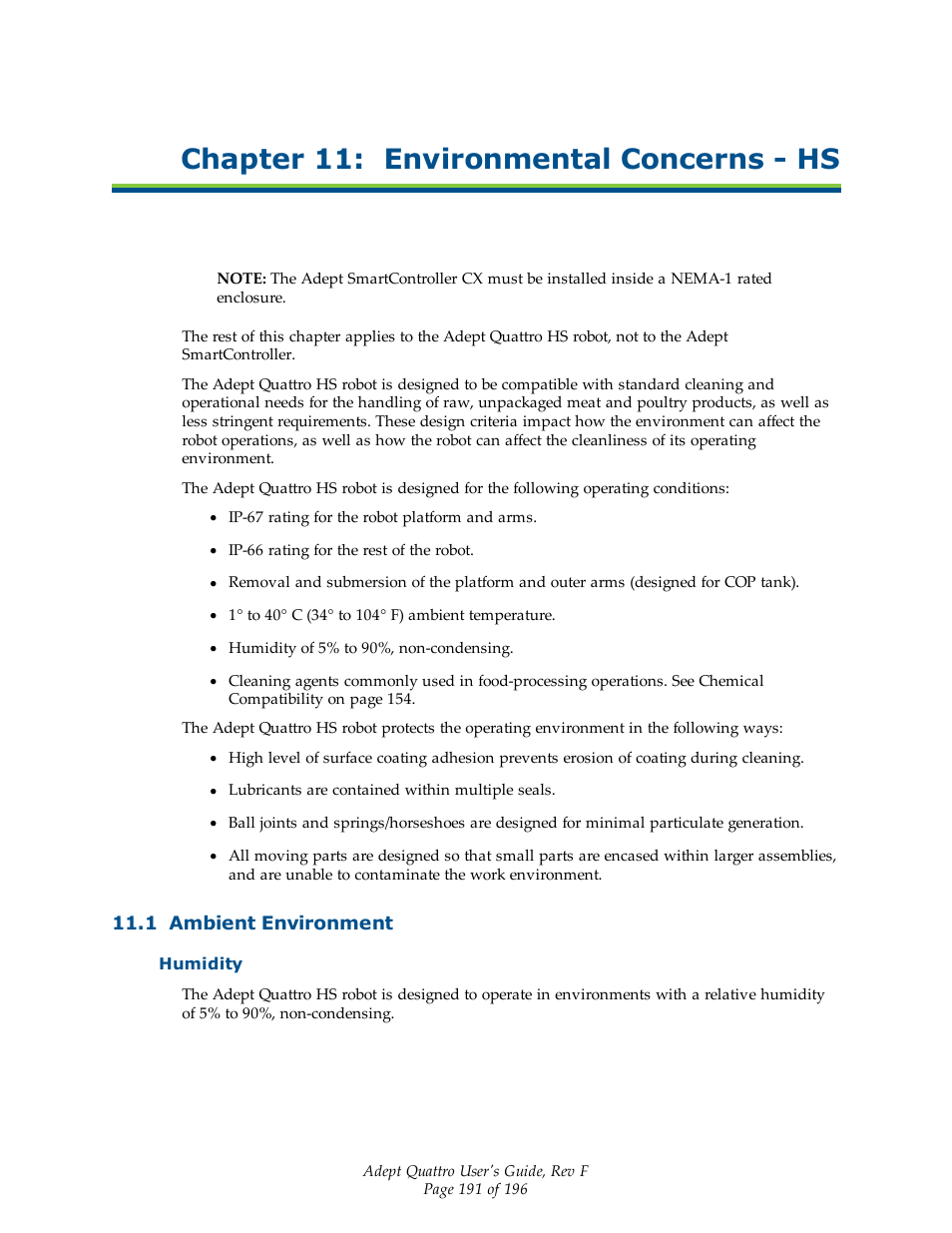 Chapter 11: environmental concerns - hs, 1 ambient environment, Humidity | Adept s650HS Quattro User Manual | Page 191 / 196