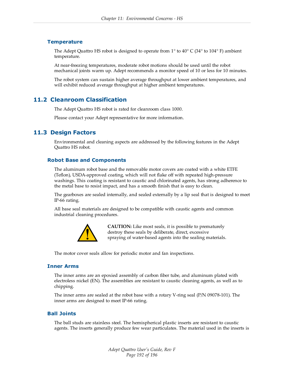 Temperature, 2 cleanroom classification, 3 design factors | Robot base and components, Inner arms, Ball joints | Adept s650HS Quattro User Manual | Page 192 / 196