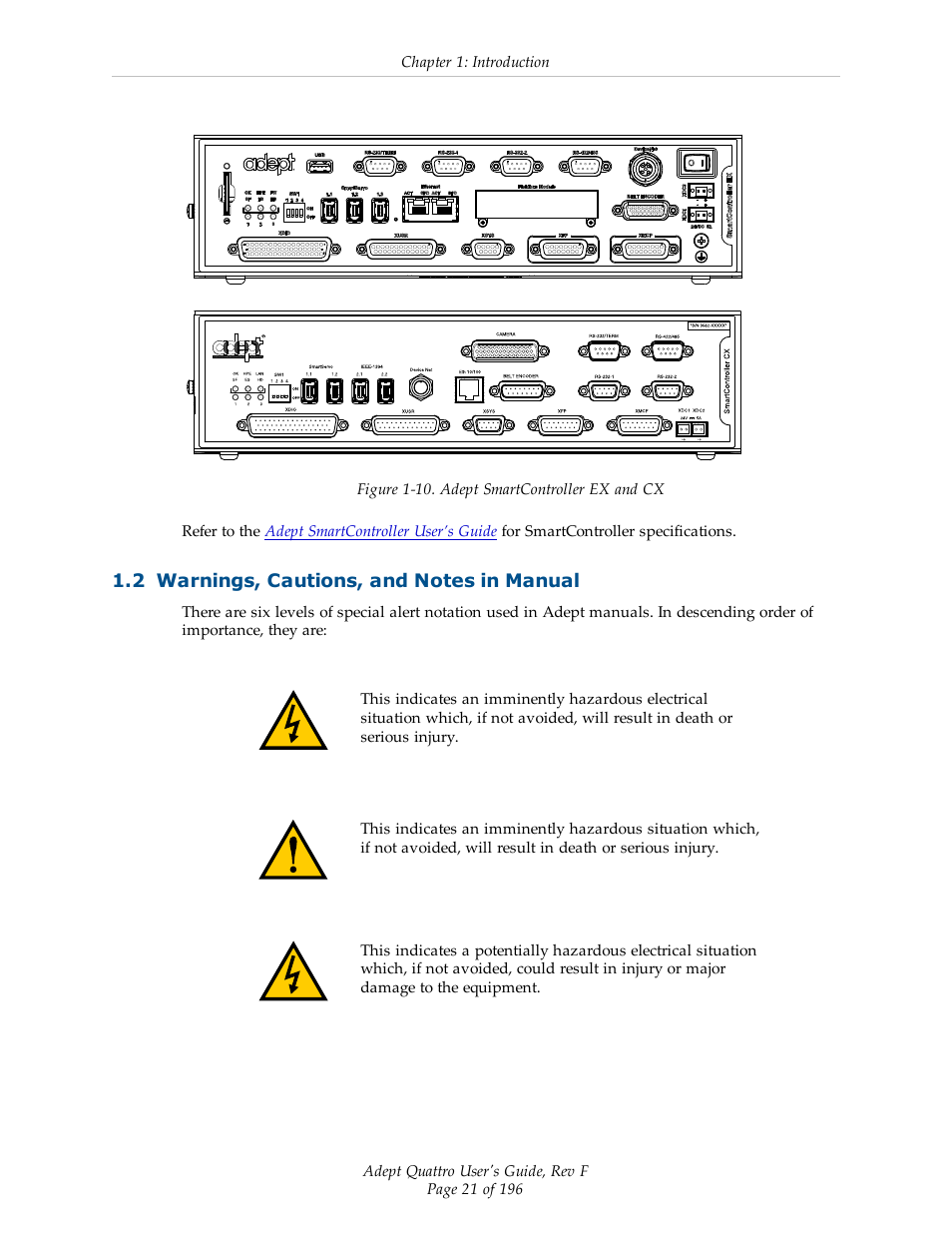 2 warnings, cautions, and notes in manual | Adept s650HS Quattro User Manual | Page 21 / 196