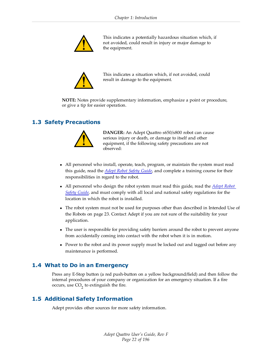 3 safety precautions, 4 what to do in an emergency, 5 additional safety information | Adept s650HS Quattro User Manual | Page 22 / 196
