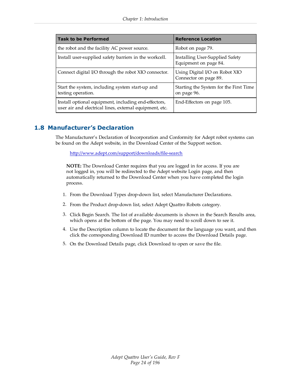 8 manufacturer’s declaration | Adept s650HS Quattro User Manual | Page 24 / 196