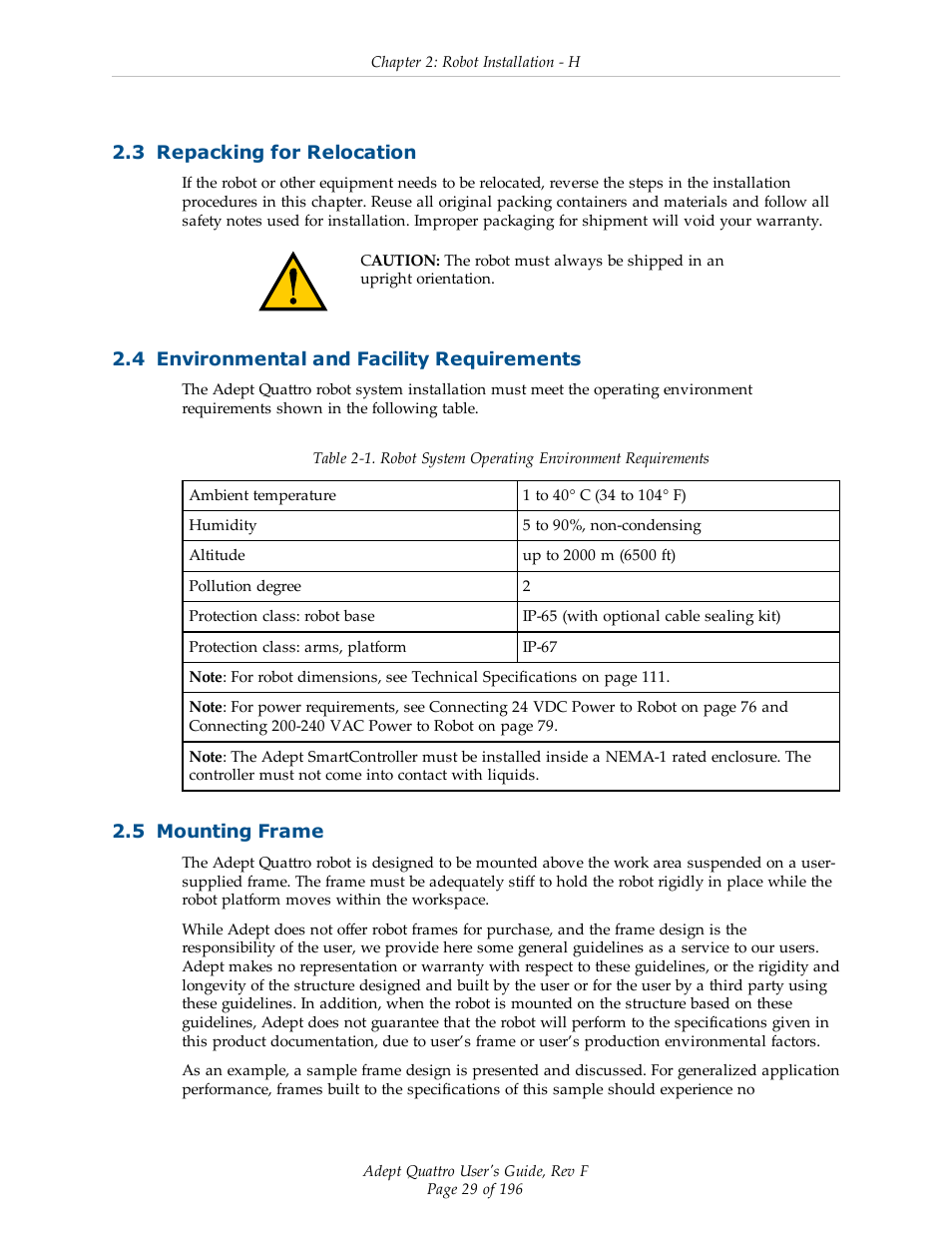 3 repacking for relocation, 4 environmental and facility requirements, 5 mounting frame | Adept s650HS Quattro User Manual | Page 29 / 196