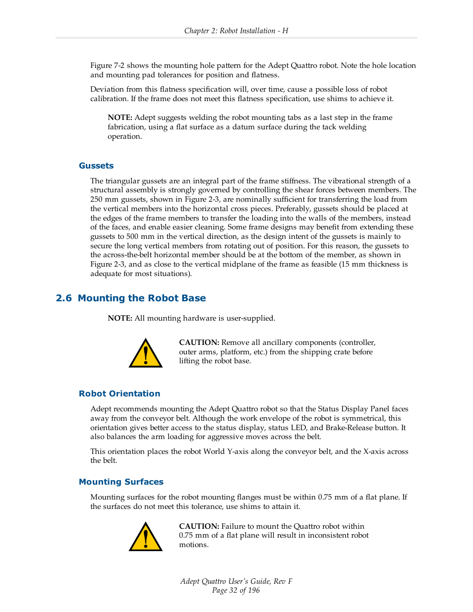 Gussets, 6 mounting the robot base, Robot orientation | Mounting surfaces | Adept s650HS Quattro User Manual | Page 32 / 196