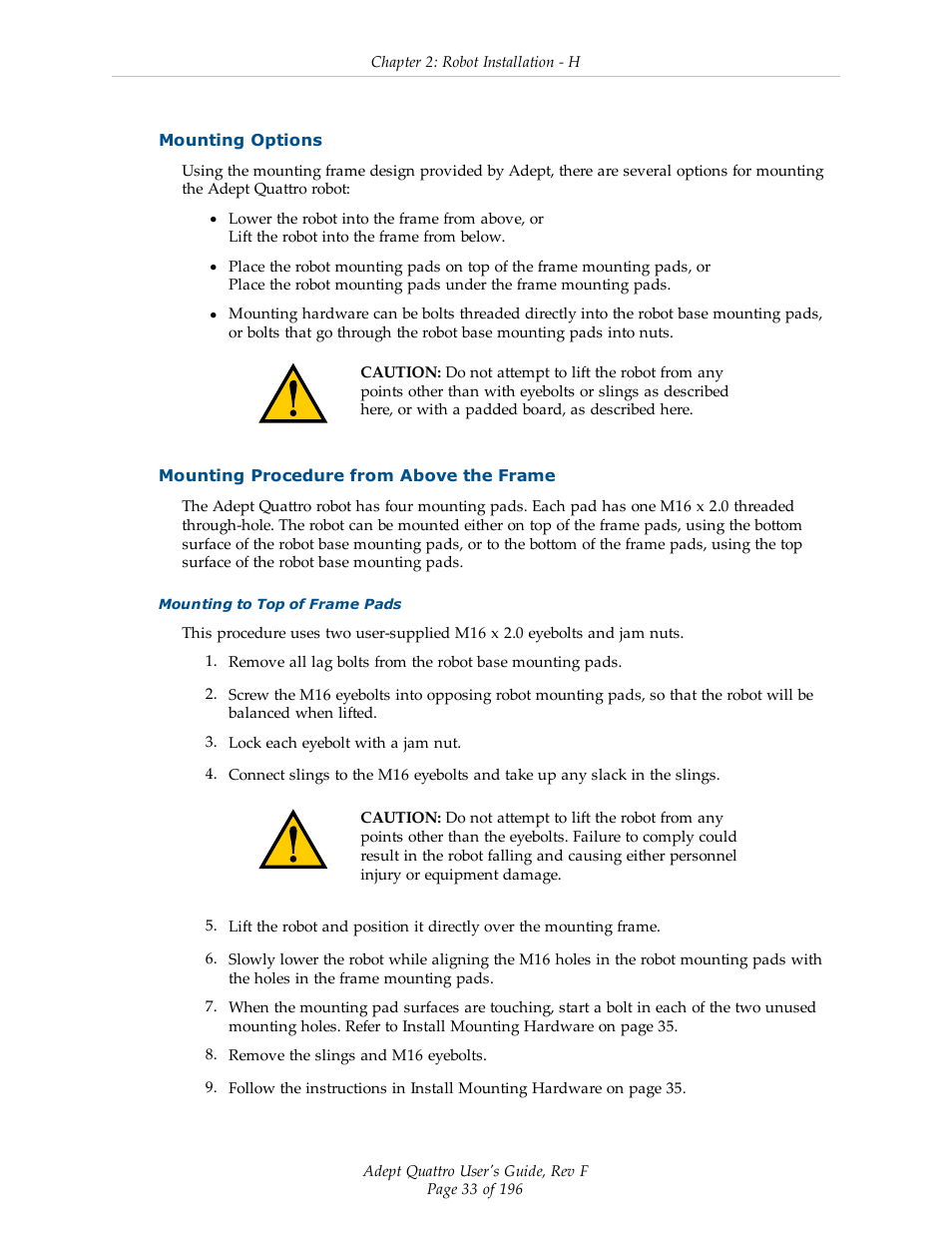 Mounting options, Mounting procedure from above the frame | Adept s650HS Quattro User Manual | Page 33 / 196