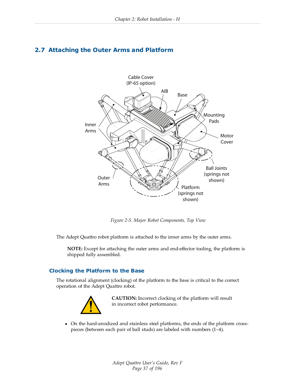 7 attaching the outer arms and platform, Clocking the platform to the base | Adept s650HS Quattro User Manual | Page 37 / 196