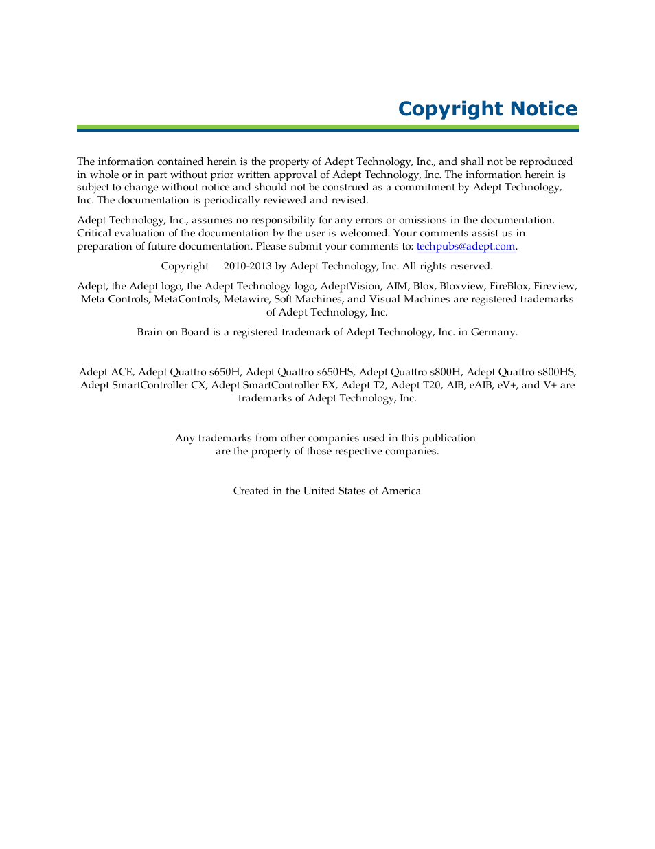 Copyright notice | Adept s650HS Quattro User Manual | Page 4 / 196