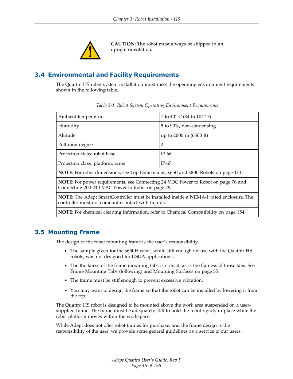 4 environmental and facility requirements, 5 mounting frame | Adept s650HS Quattro User Manual | Page 46 / 196