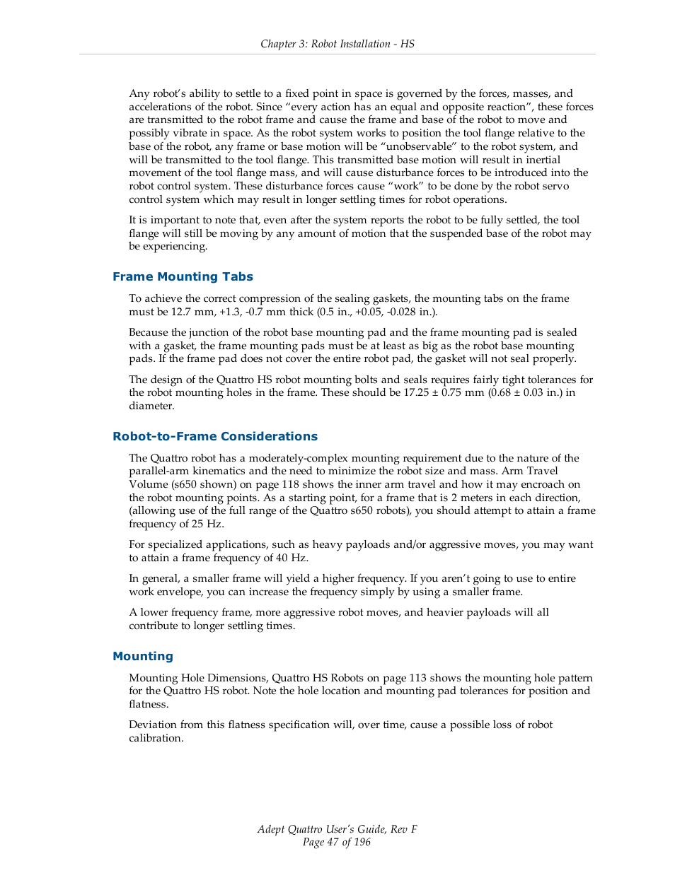 Frame mounting tabs, Robot-to-frame considerations, Mounting | Adept s650HS Quattro User Manual | Page 47 / 196