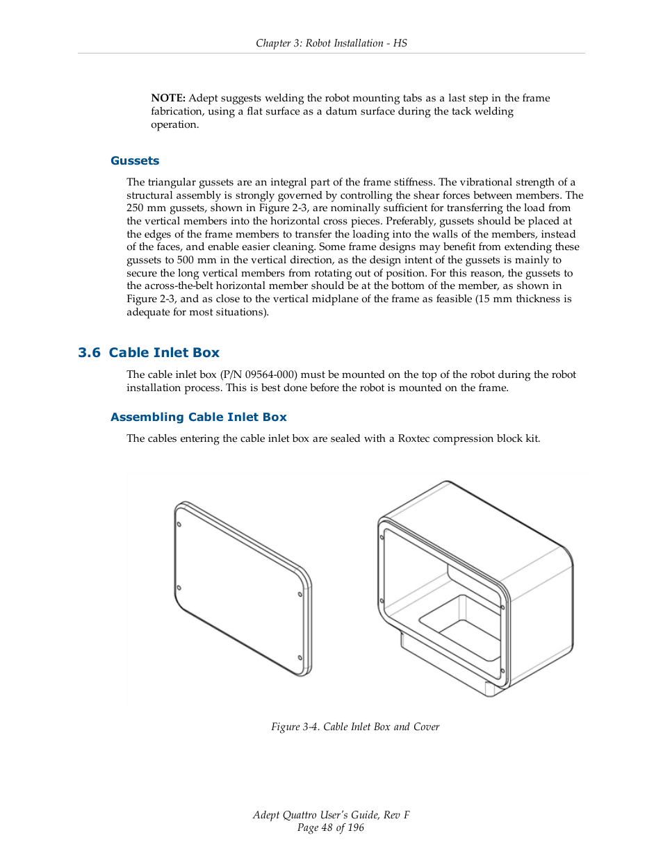 Gussets, 6 cable inlet box, Assembling cable inlet box | Adept s650HS Quattro User Manual | Page 48 / 196