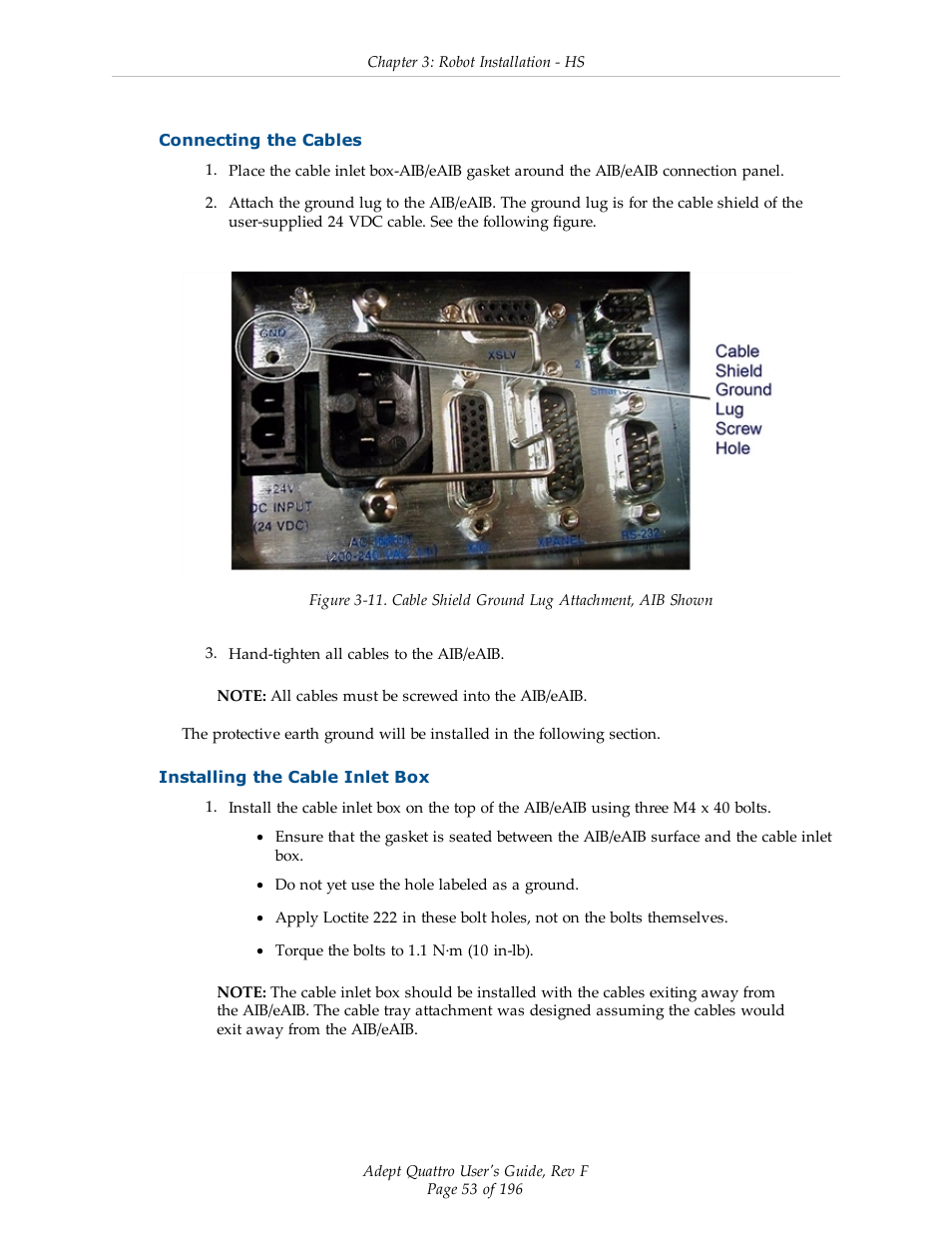 Connecting the cables, Installing the cable inlet box | Adept s650HS Quattro User Manual | Page 53 / 196