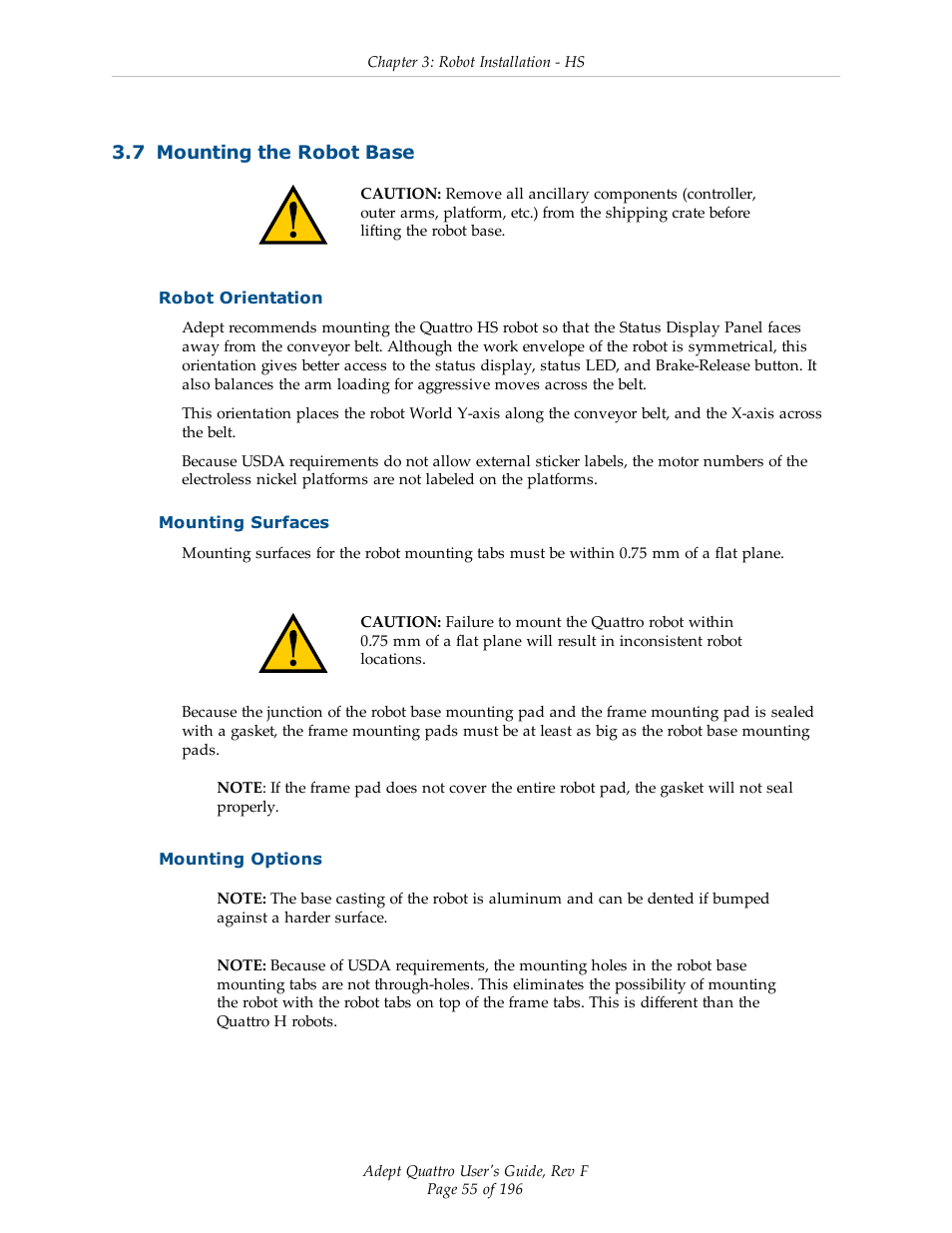 7 mounting the robot base, Robot orientation, Mounting surfaces | Mounting options | Adept s650HS Quattro User Manual | Page 55 / 196