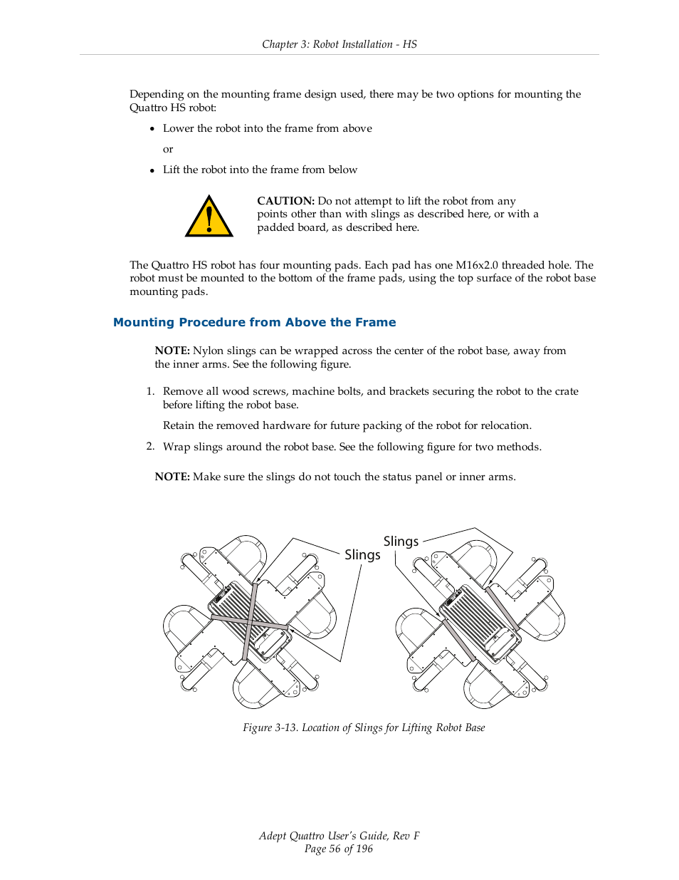 Mounting procedure from above the frame, Slings | Adept s650HS Quattro User Manual | Page 56 / 196