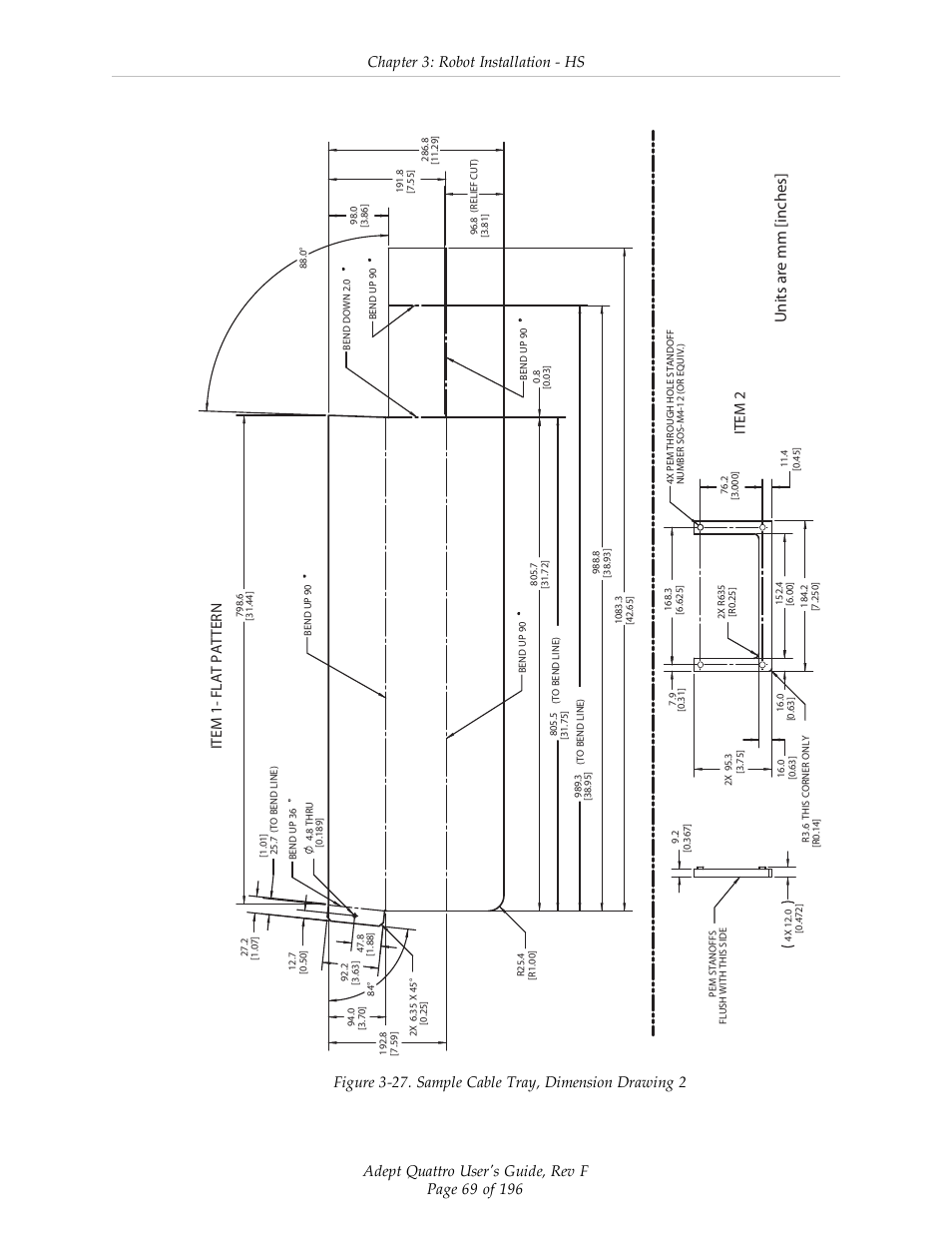 Units ar e mm [inches, Chapter 3: robot installation - hs, Item 2 | Item 1- flat pattern | Adept s650HS Quattro User Manual | Page 69 / 196