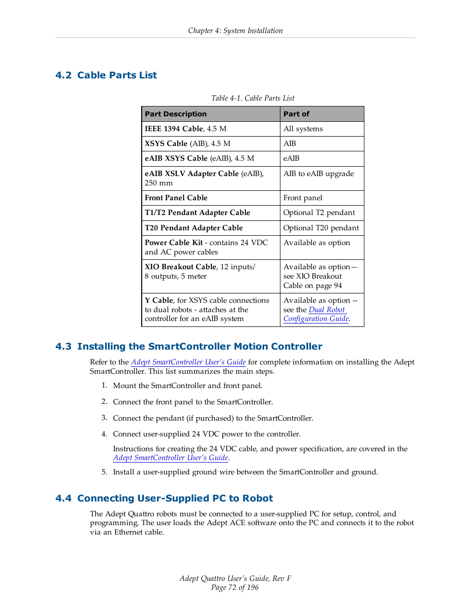 2 cable parts list, 3 installing the smartcontroller motion controller, 4 connecting user-supplied pc to robot | Adept s650HS Quattro User Manual | Page 72 / 196