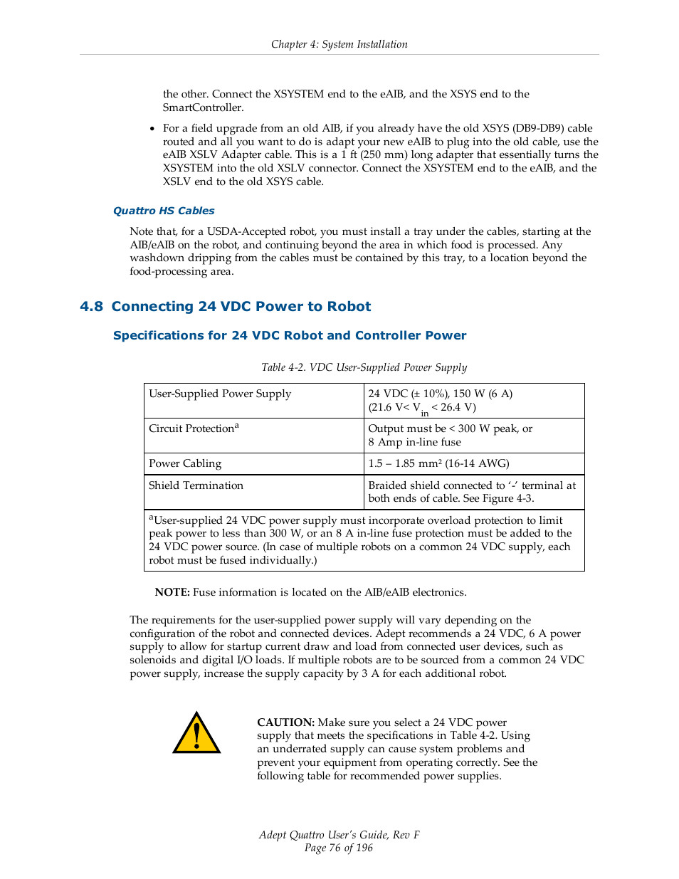 8 connecting 24 vdc power to robot | Adept s650HS Quattro User Manual | Page 76 / 196