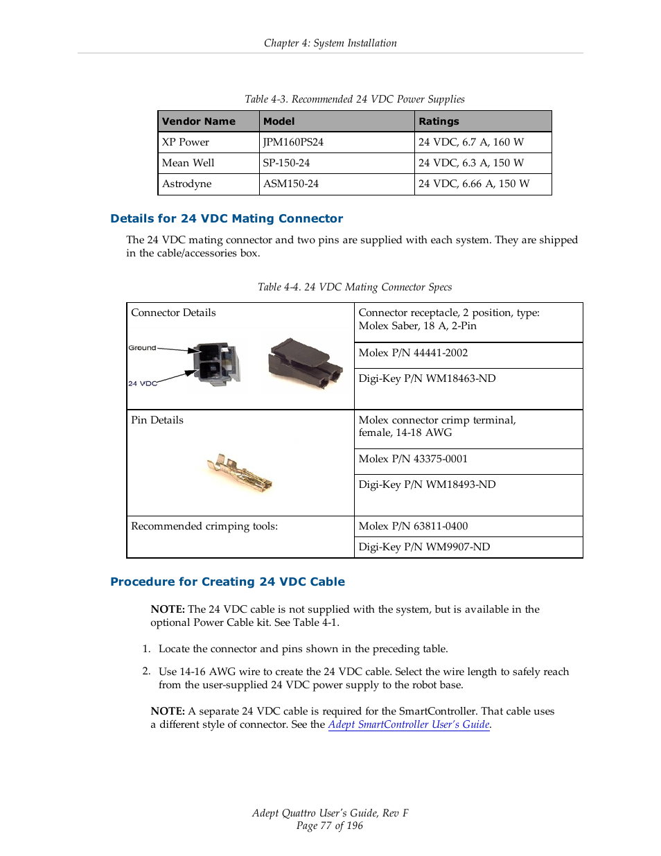 Details for 24 vdc mating connector, Procedure for creating 24 vdc cable | Adept s650HS Quattro User Manual | Page 77 / 196