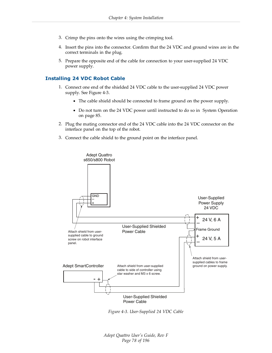 Installing 24 vdc robot cable | Adept s650HS Quattro User Manual | Page 78 / 196