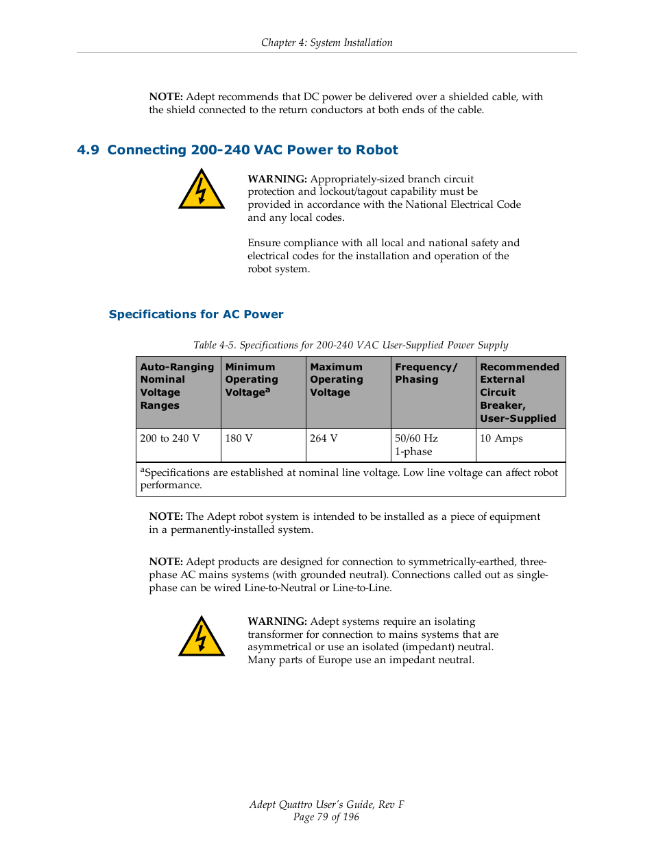 9 connecting 200-240 vac power to robot, Specifications for ac power, Connecting 200-240 vac power to | Adept s650HS Quattro User Manual | Page 79 / 196