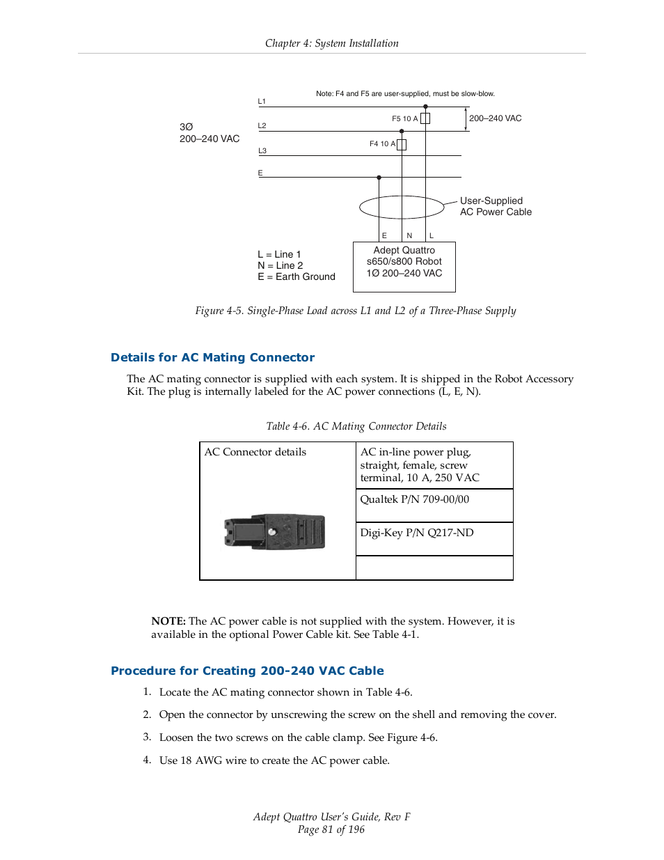 Details for ac mating connector, Procedure for creating 200-240 vac cable | Adept s650HS Quattro User Manual | Page 81 / 196