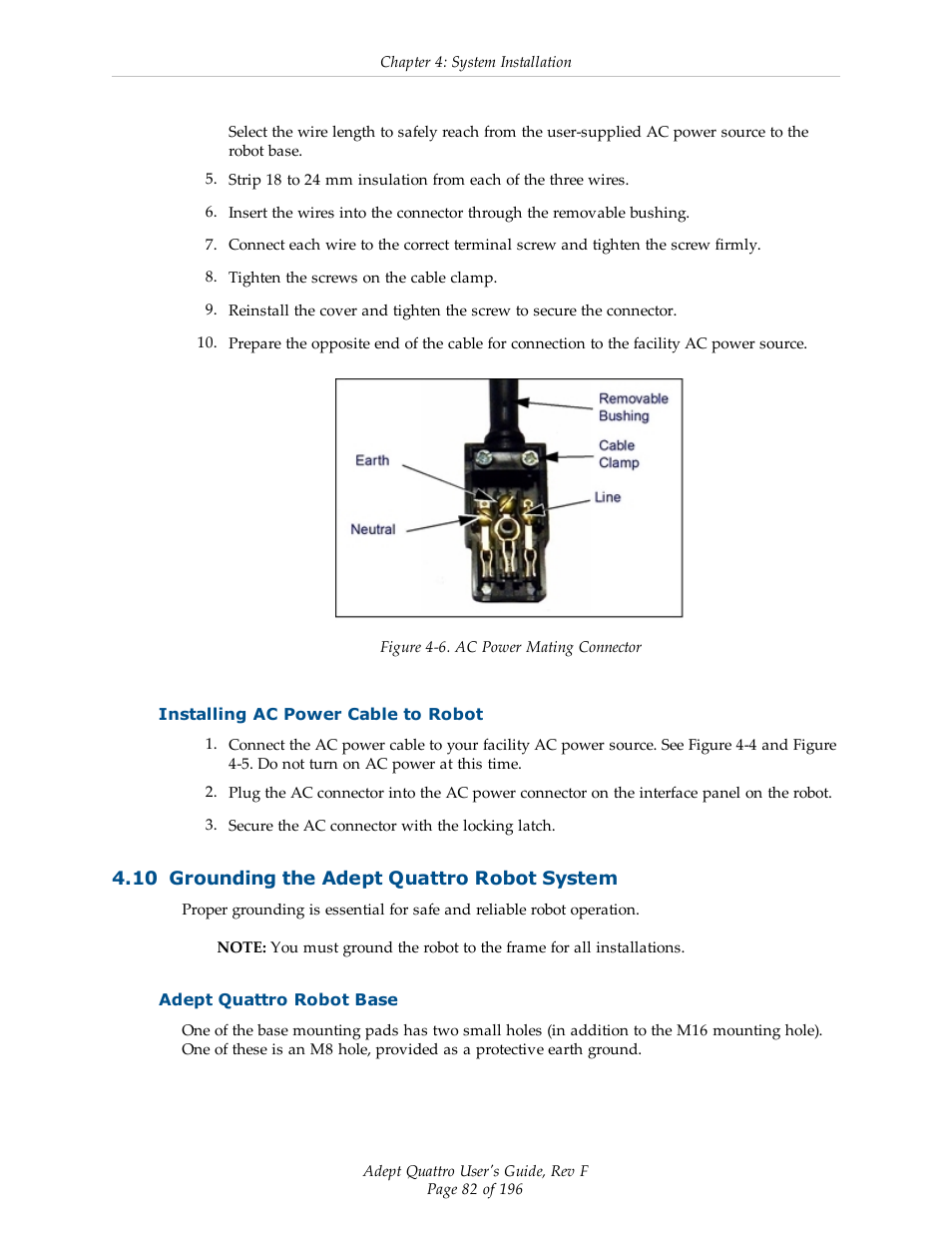 Installing ac power cable to robot, 10 grounding the adept quattro robot system, Adept quattro robot base | Adept s650HS Quattro User Manual | Page 82 / 196